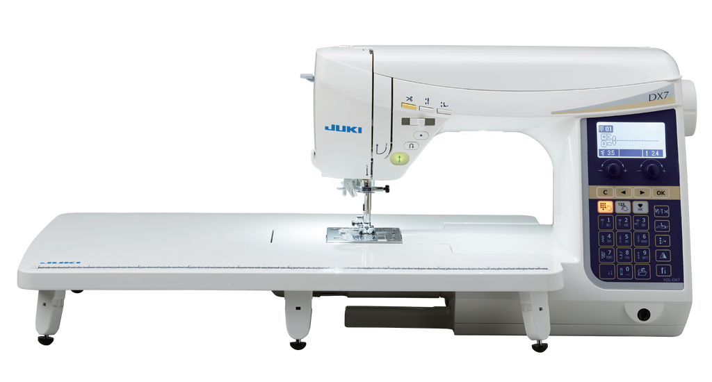 Sewing machine Juki HZL-DX7, white computerized model with LCD display and blue Juki logo
