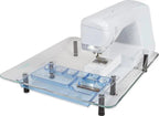 Sew Steady Sewers Wish Table extension for sewing machines, glass top with blue storage trays