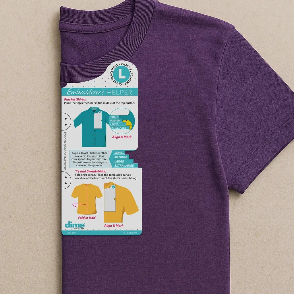 Embroiderers Helper Bundle EH0003 embroidery notions on a purple T-shirt with an instructional card.