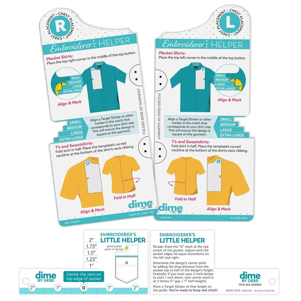 Embroiderer's Helper Bundle EH0003: two instruction sheets with teal shirt diagrams and Dime Little Helper ruler (Generic)