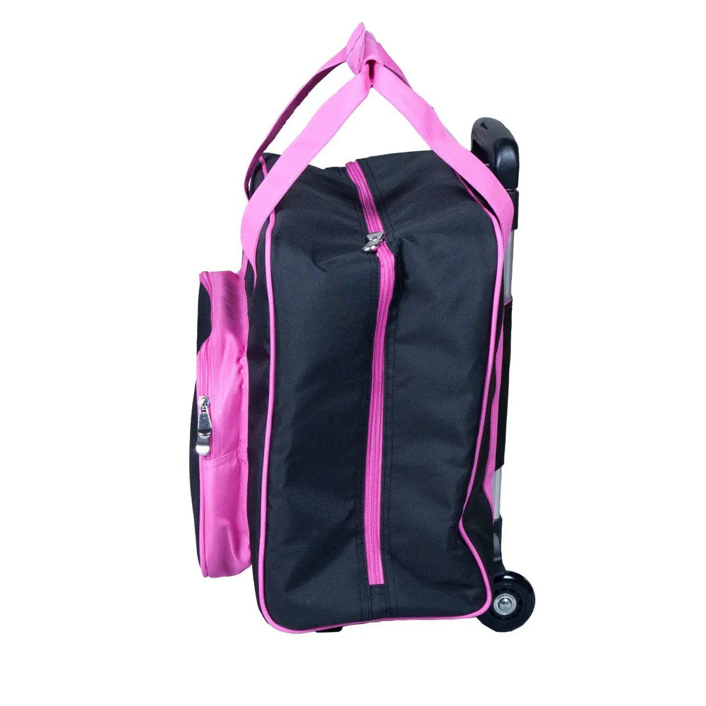 Tutto 17-inch EZ-Glide 2-Wheel trolley bag, black with pink trim, sewing basket.