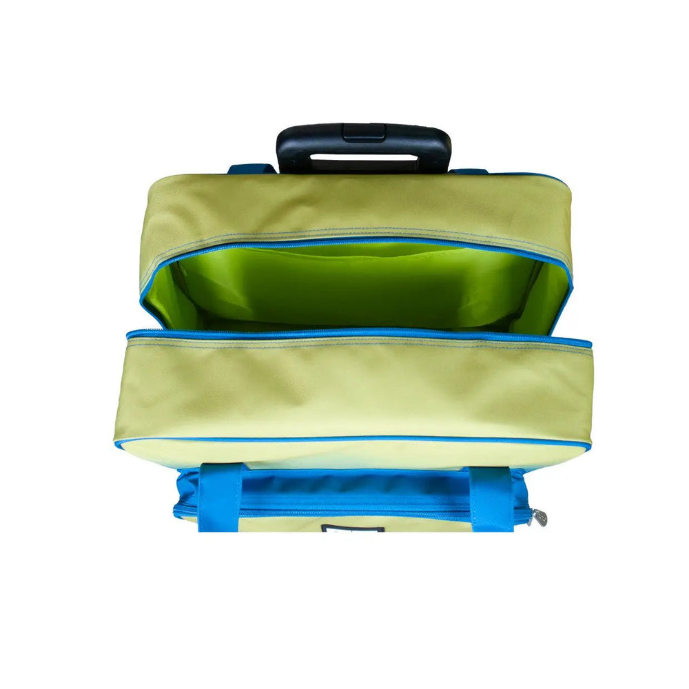 Tutto 17in EZ-Glide 2-wheeled trolley machine bag in blue and lime-green, opened to reveal lime-green interior.