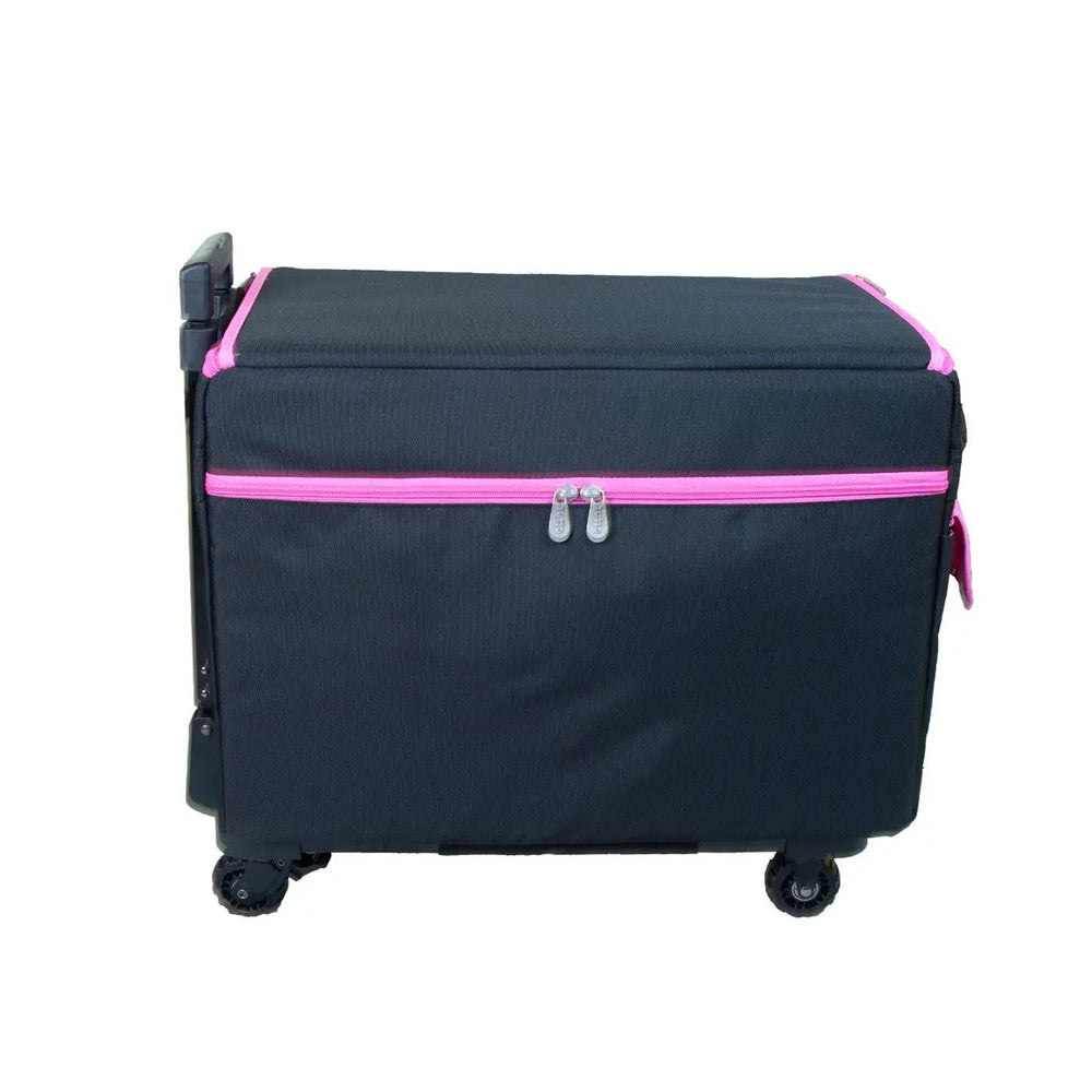21-inch EZ-Glide trolley sewing box in black with pink zippers, on wheels.