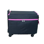 21-inch EZ-Glide trolley sewing box in black with pink zippers, on wheels.