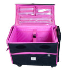 21in EZ-Glide Trolley by Tutto; pink interior, black exterior, clear lid pockets for a sewing box on wheels.