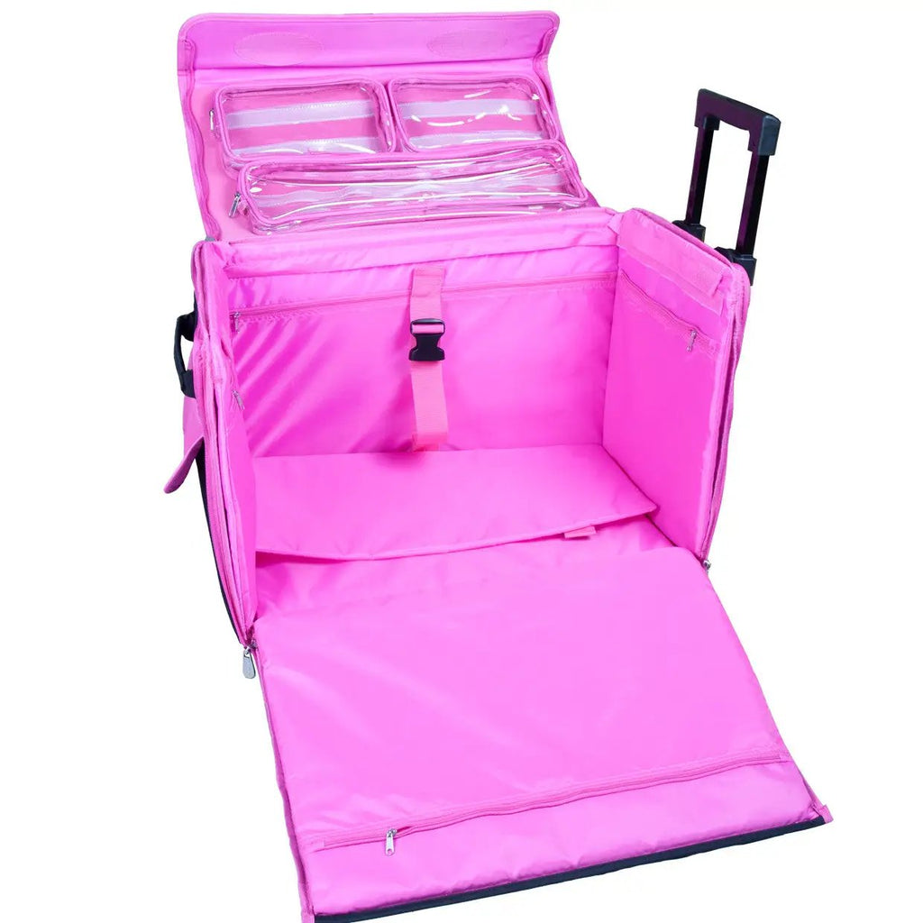 Tutto 21-inch EZ-Glide Trolley Sewing Box, pink with clear zip pockets and wide interior space