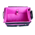 Tutto 21 EZ-Glide trolley sewing box with pink interior and black exterior.