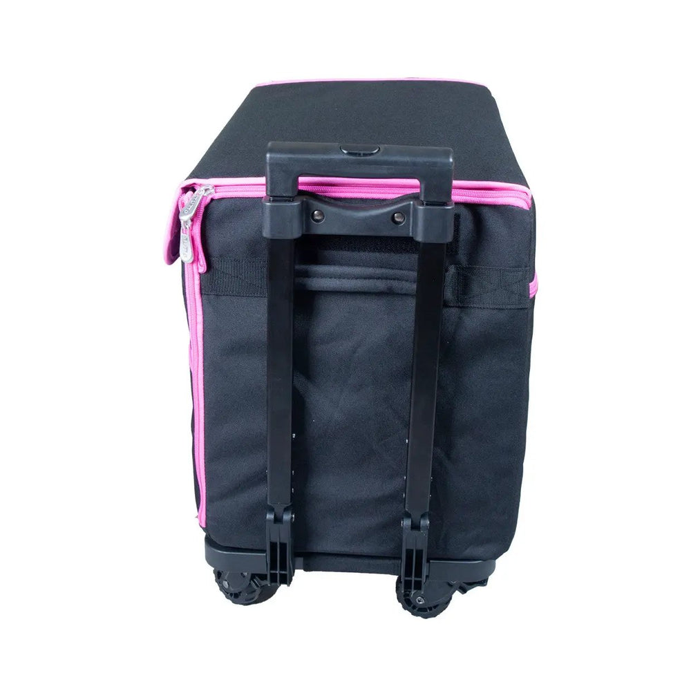 Tutto 21-inch EZ-Glide trolley for sewing boxes; black with pink zippers and handle, wheeled bag.