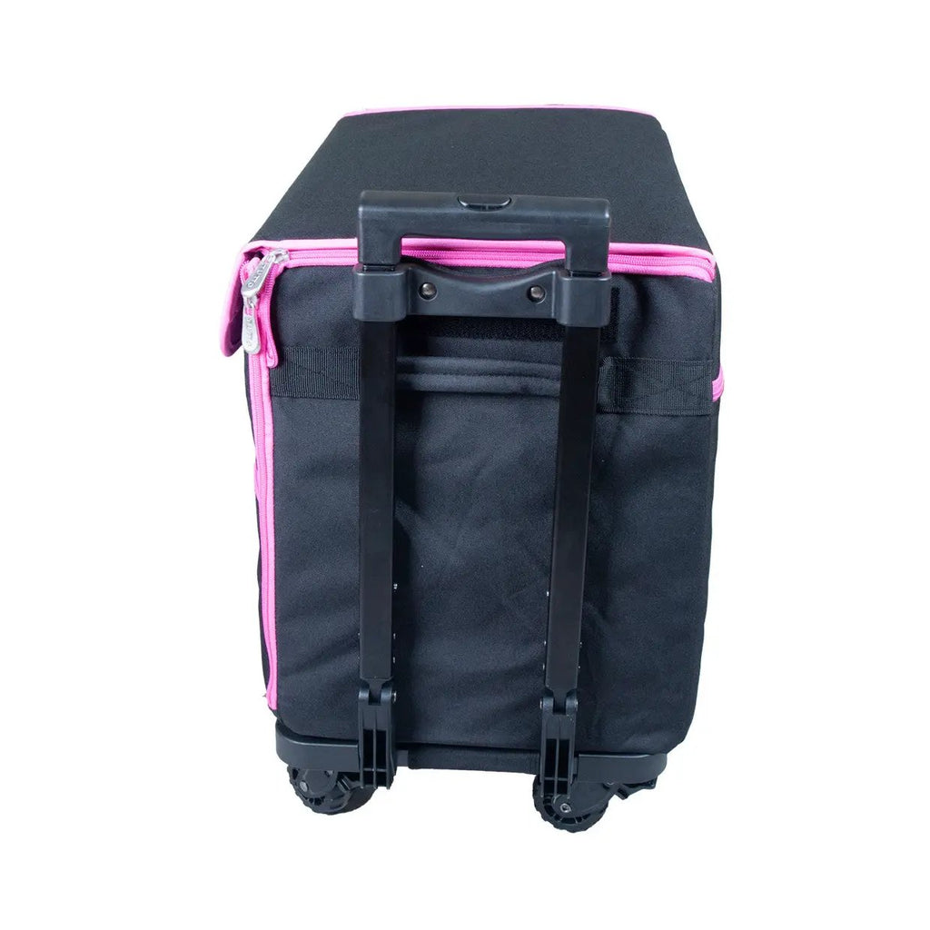 Tutto 21-inch EZ-Glide trolley for sewing boxes; black with pink zippers and handle, wheeled bag.