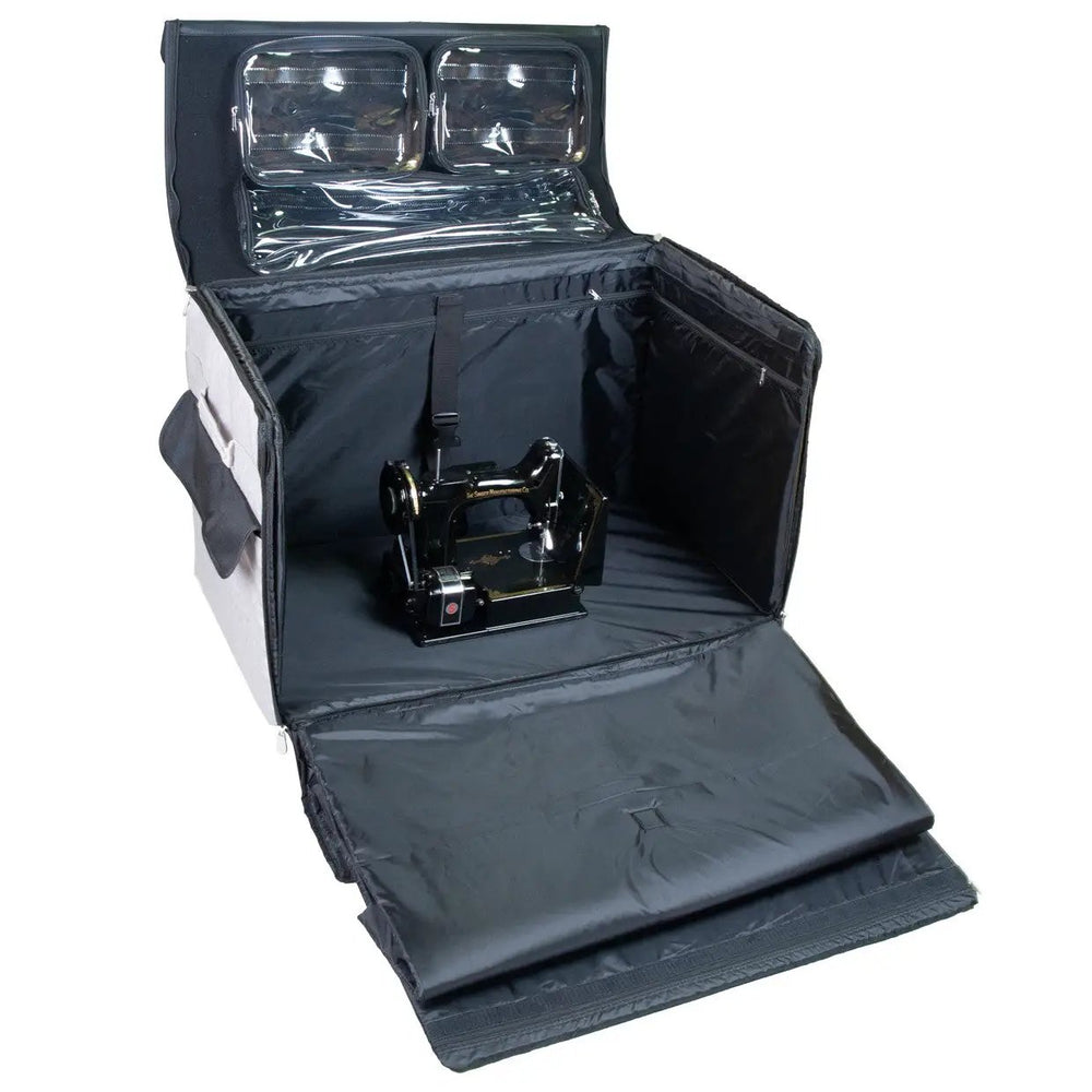 Tutto 29-inch EZ-Glide Trolley sewing machine bag, gray/black, with clear lid pockets and interior organizers