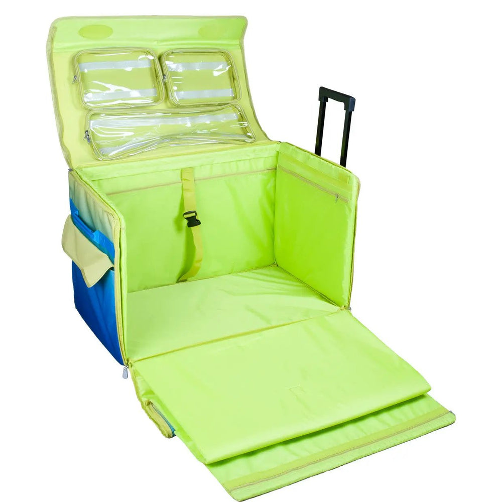 Tutto 29in EZ-Glide Trolley machine bag in lime green with blue panels and clear interior pockets