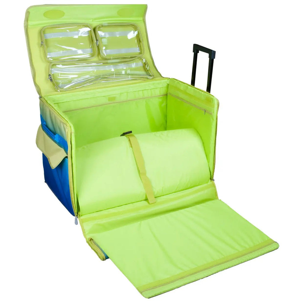 Tutto 29-inch EZ-Glide Trolley craft machine case; blue and lime green with clear zip pockets.