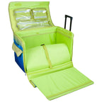 Tutto 29-inch EZ-Glide Trolley craft machine case; blue and lime green with clear zip pockets.