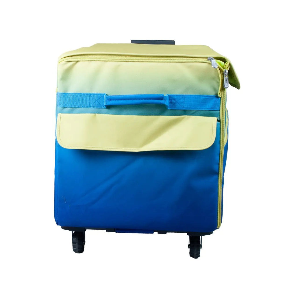 Tutto 29in EZ-Glide Trolley machine bag in blue and lime green with wheels and top handle.