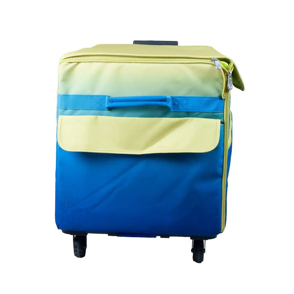 Tutto 29in EZ-Glide Trolley machine bag in blue and lime green with wheels and top handle.