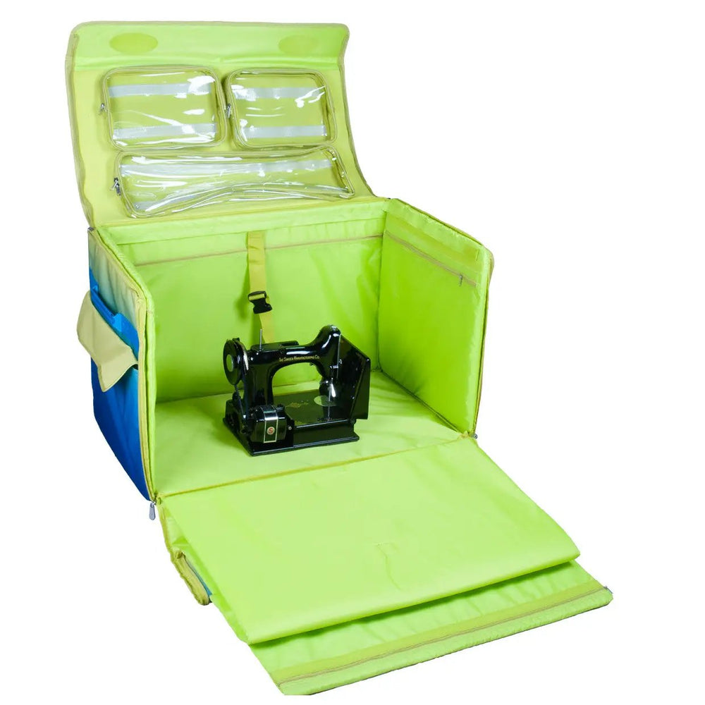 Tutto 29-inch EZ-Glide Trolley sewing machine case; lime green interior with clear lid pockets and blue accents