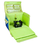 Tutto 29-inch EZ-Glide Trolley sewing machine case; lime green interior with clear lid pockets and blue accents