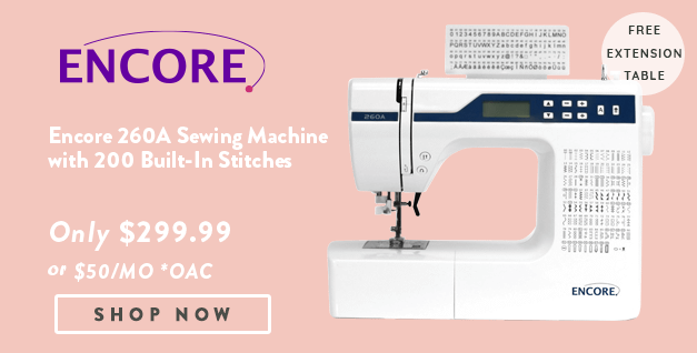 Encore 260A Sewing Machine banner with offer details