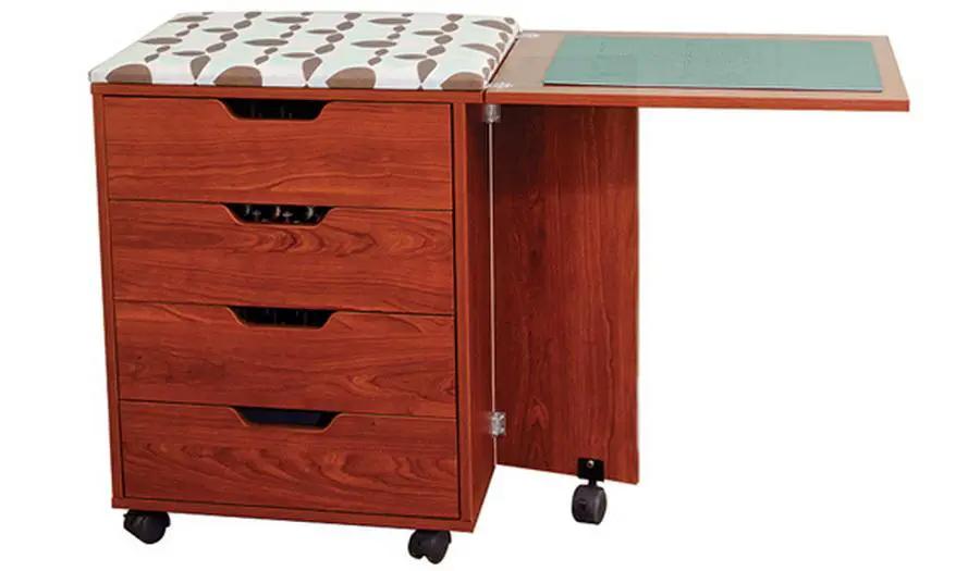 Inspira Inspiration Caddy sewing cabinet in teak with four drawers on casters and fold-out work surface