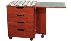 Inspira Inspiration Caddy sewing cabinet in teak with four drawers on casters and fold-out work surface
