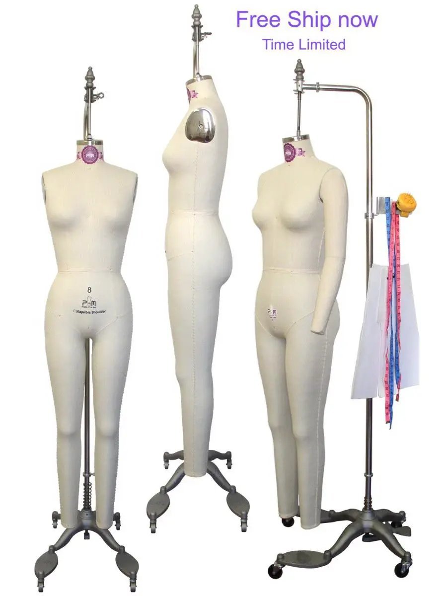 PGM-Pro 605A dress forms (3) on wheeled stands; cream full-body female and junior forms with collapsible shoulders.