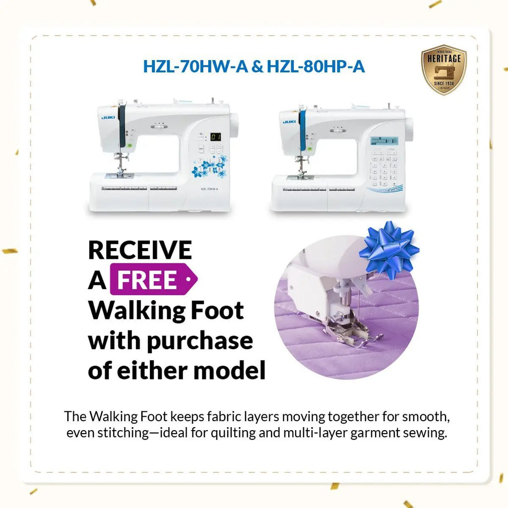 Juki HZL-70HW-A & HZL-80HP-A computerized sewing machines; two white machines with a free walking foot offer.