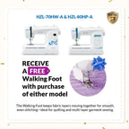 Juki HZL-70HW-A & HZL-80HP-A computerized sewing machines; two white machines with a free walking foot offer.