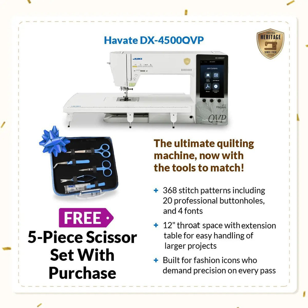 Juki Hayate DX-4500QVP computerized sewing & quilting machine, white finish; includes free 5-piece scissor set
