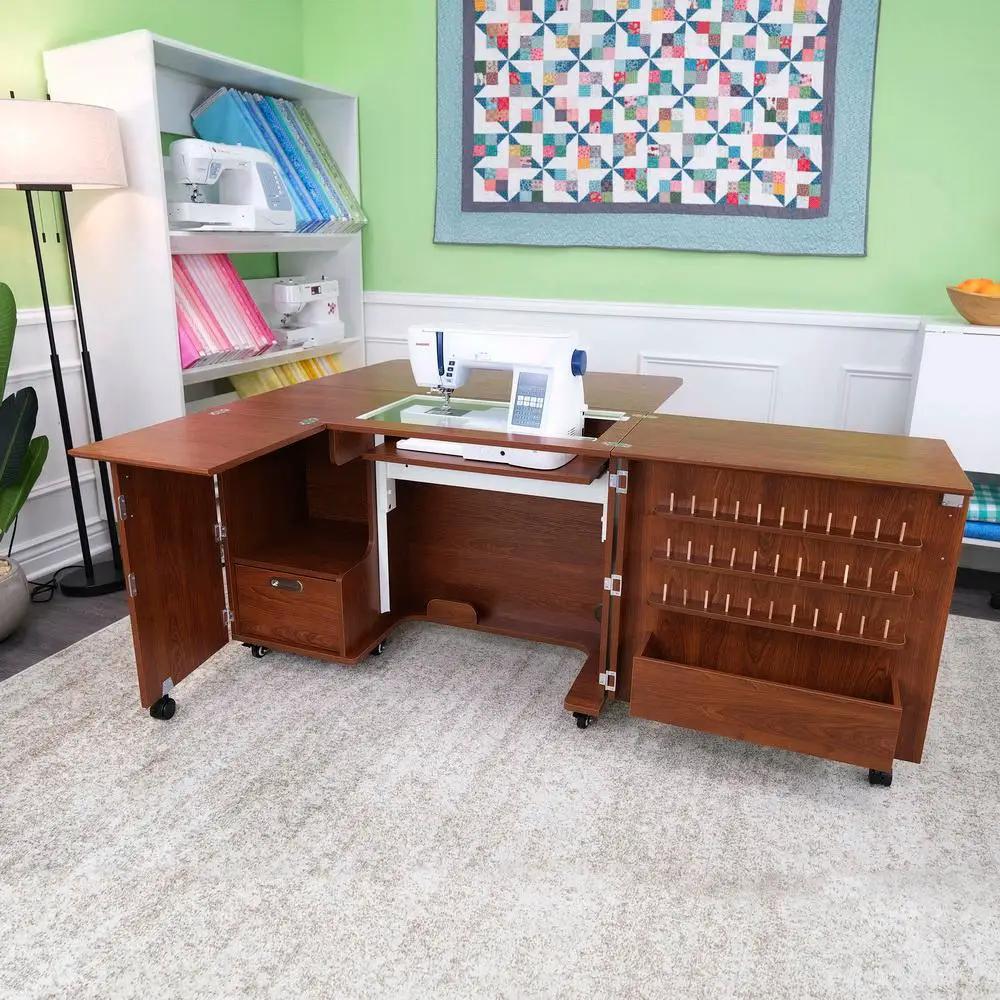 Sewing cabinet set by Kangaroo Sewing Furniture Wallaby II, teak finish with air lift, on casters