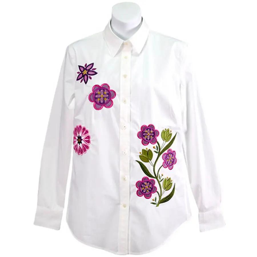 Embroidered white button-down shirt featuring Anita Goodesign fantasy floral embroidery in pinks, purples and greens