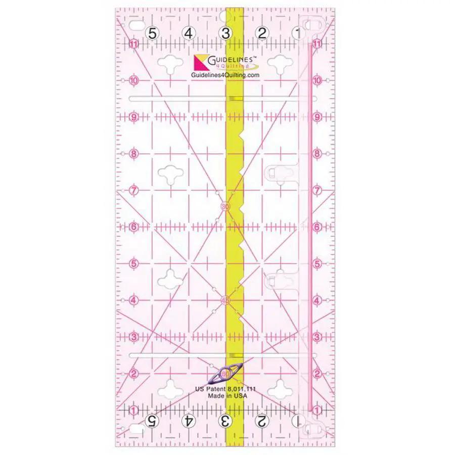 Guidelines 4 Quilting 6in x 12in Guidelines Ruler, pink translucent quilting ruler with yellow center strip and grid markings.