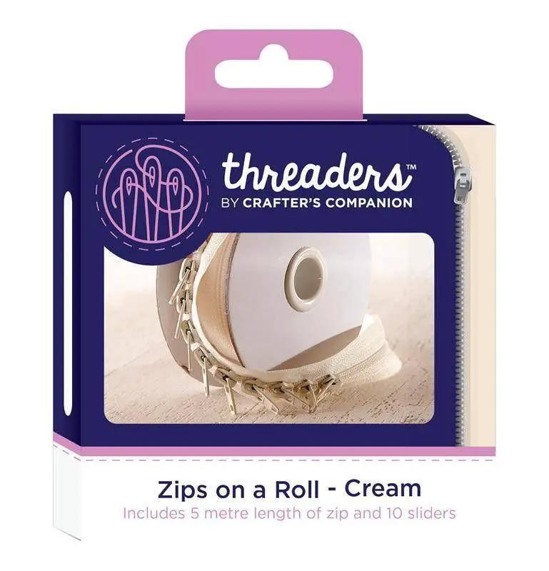 Threaders Zips on a Roll cream zipper tape, 5m with 10 sliders