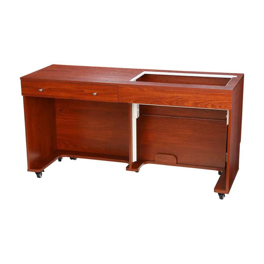 Kangaroo II Sewing Cabinet in teak on casters; dual drawers, open side storage, machine insert.