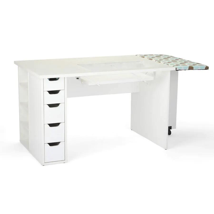 Arrow White Ginger Sewing Cabinet, white wood with five-drawer pedestal and fold-out sewing surface.