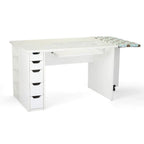 Arrow White Ginger Sewing Cabinet, white wood with five-drawer pedestal and fold-out sewing surface.