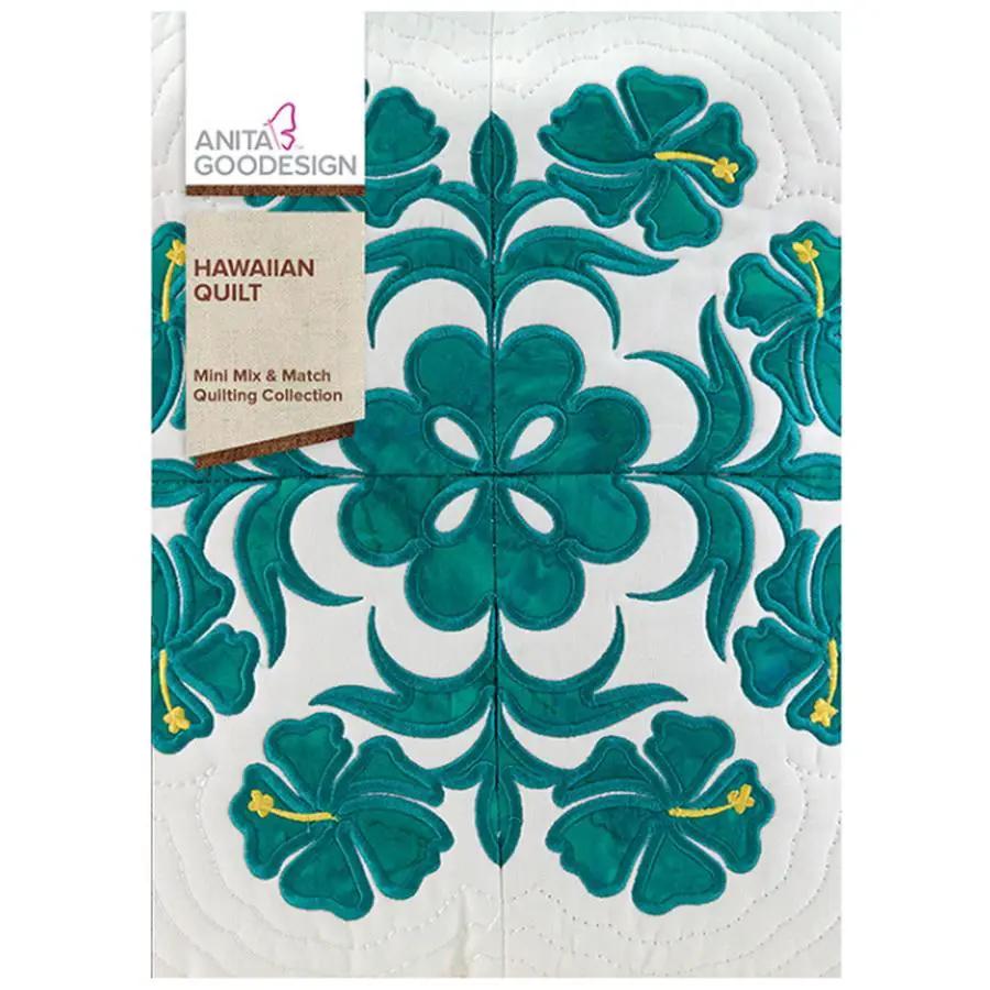 Anita Goodesign Hawaiian Quilt embroidery designs; teal hibiscus on a white quilt background, Mini Mix & Match