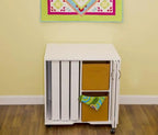 Arrow Mod Thread Cabinet on wheels, white with slatted panel and two mustard fabric drawers.