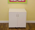 Arrow Mod Thread Cabinet white, two-door cabinet on wheels with chrome handles.