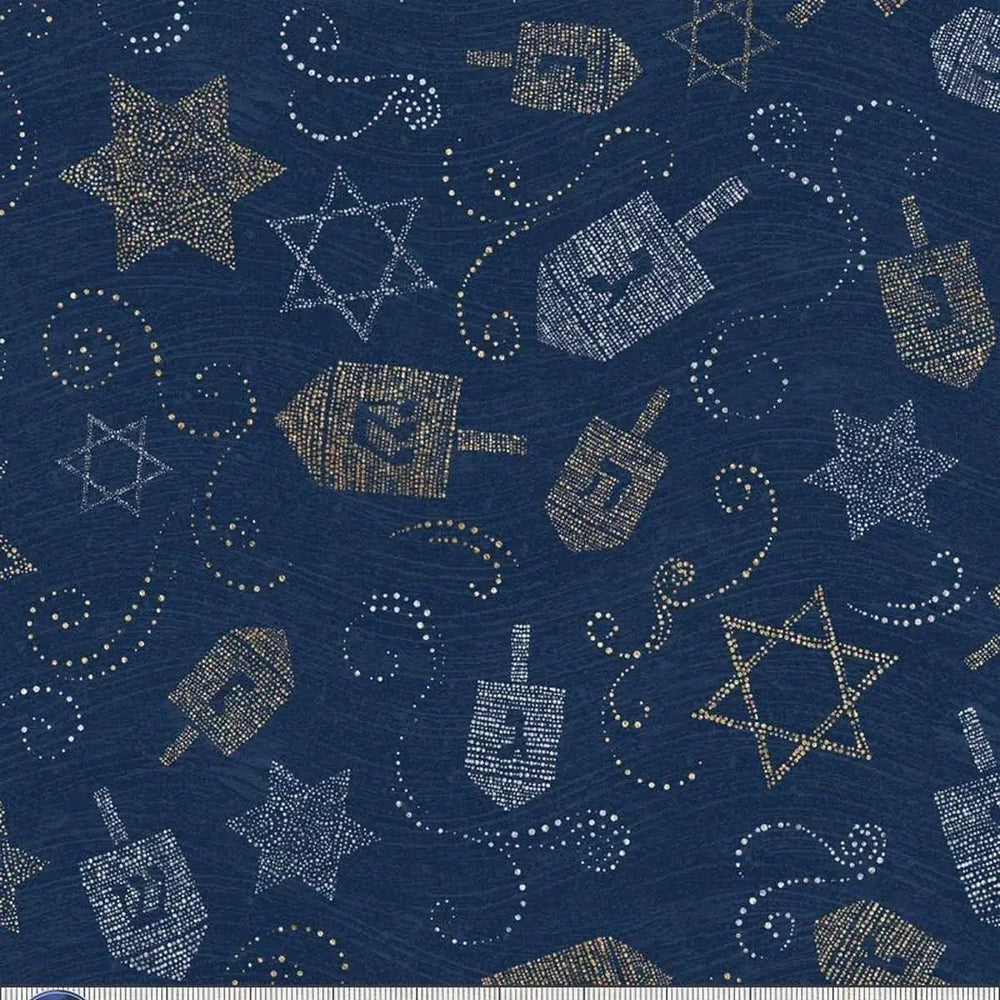 Hanukkah Lights navy quilting cotton fabric with tossed dreidels, Stars of David, menorahs, and gold and blue Hanukkah motifs.