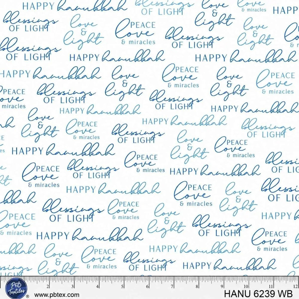 Hanukkah Lights White Hanukkah Wishes quilting cotton fabric with blue Hanukkah words and sentiments on a white background.