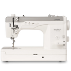 Janome HeavyDuty 9 Professional sewing machine; white with gray top, side view
