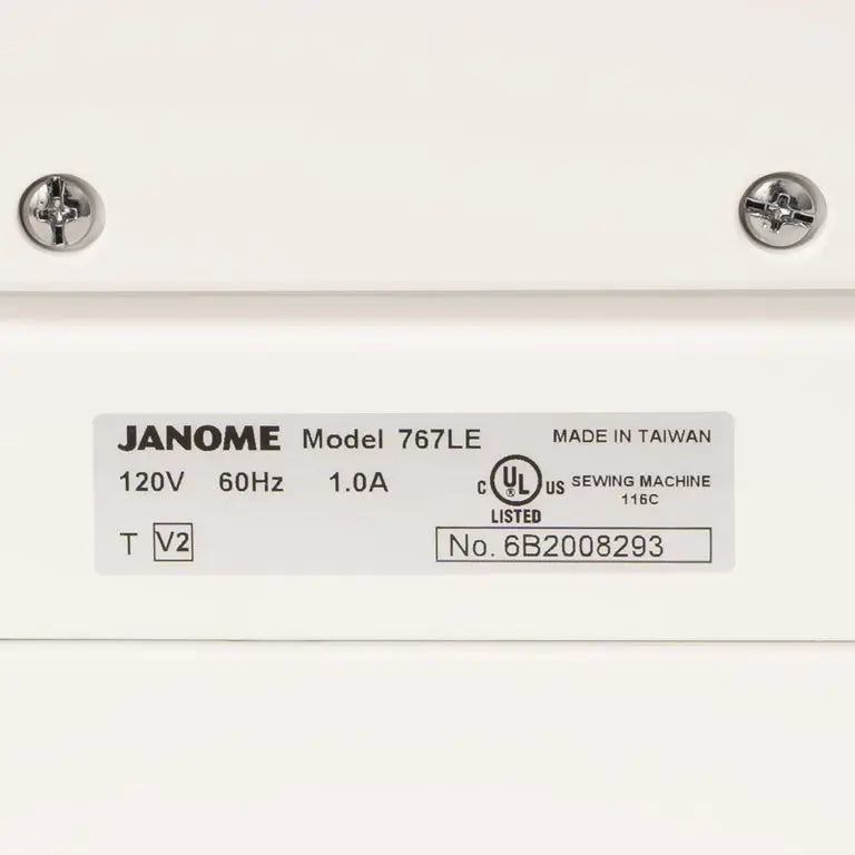 Janome sewing machine label plate, Model 767LE, 120V 60Hz 1.0A UL listed