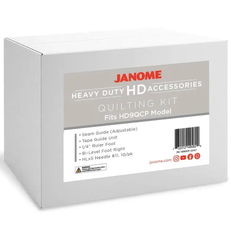 Janome HD9QCP Quilt Kit, heavy-duty sewing machine feet in a gray box with seam guide and 1/4 inch ruler foot