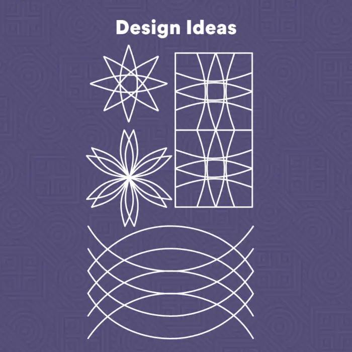 Handi Quilter Concave Curves Ruler design ideas with white line star, flower, grid and arc patterns on purple background