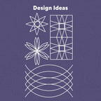 Handi Quilter Concave Curves Ruler design ideas with white line star, flower, grid and arc patterns on purple background