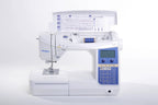 Sewing machine Juki HZL-DX7, white computerized model with blue control panel and open bobbin area.
