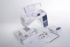 Juki HZL-DX7 computerized sewing machine, white with blue control panel, accessories visible.