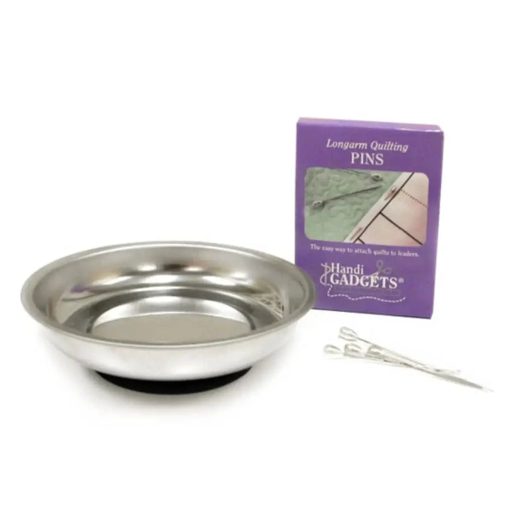 Handy Helpers 4in magnetic pin bowl with pins; stainless steel, Handi Quilter brand, shown with purple Handi Gadgets box.