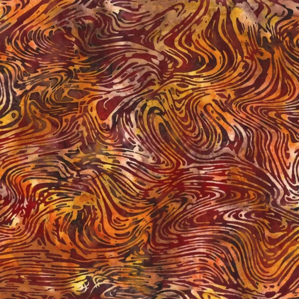 Hoffman Harvest Helpings Batik Red Velvet S2365-568 cotton fabric featuring rich red, burgundy, rust, and golden marble textures.