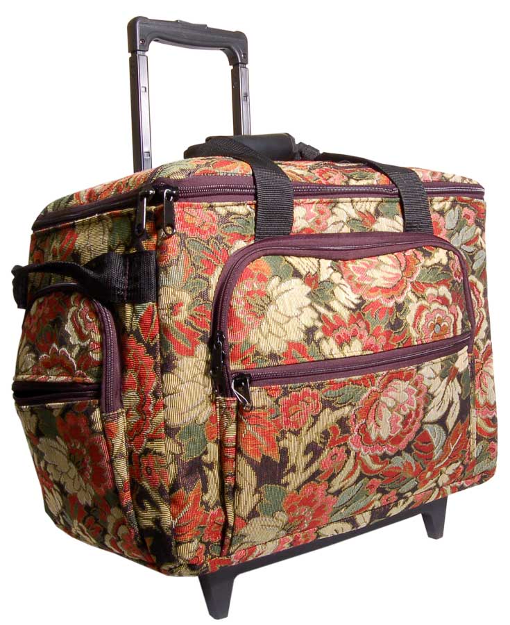 Hemline 2pcs Burgandy Floral Tapestry Trolley Bag